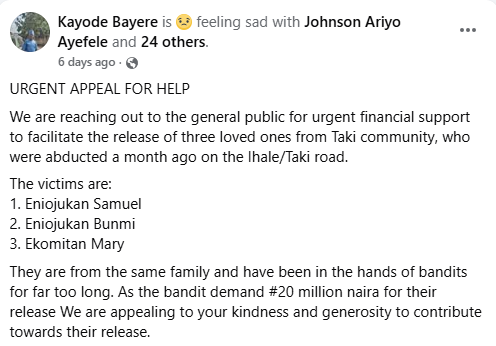 Three abducted family members regain freedom after ransom payment in Kogi