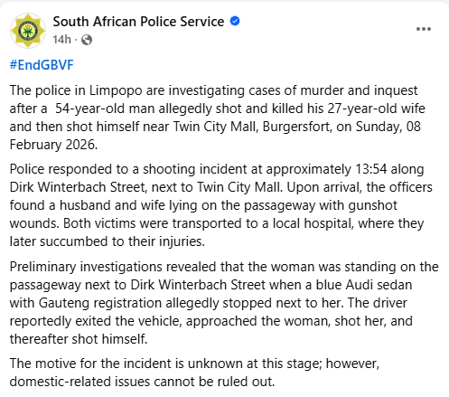 South African man k!lls his wife, turns gun on himself in m8rder-su!cide