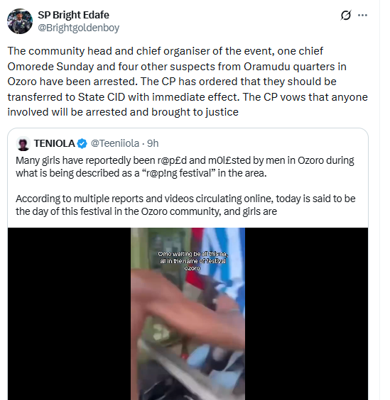 Ozoro Festival: Chief organizer, four others arrested, to be transferred to Delta State CID