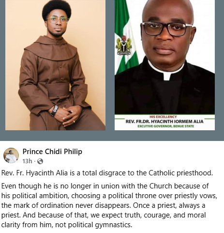 You are a total disgrace to the Catholic priesthood - Nigerian Priest slams Gov Alia for saying no Christian genocide in Benue state