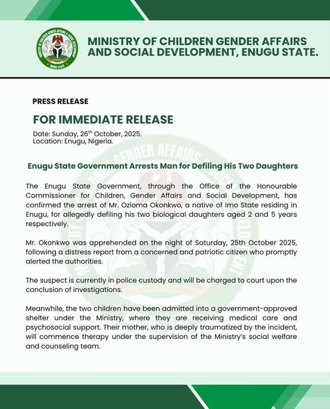 Man arrested for allegedly def!ling his two daughters, aged 2 and 5 in Enugu