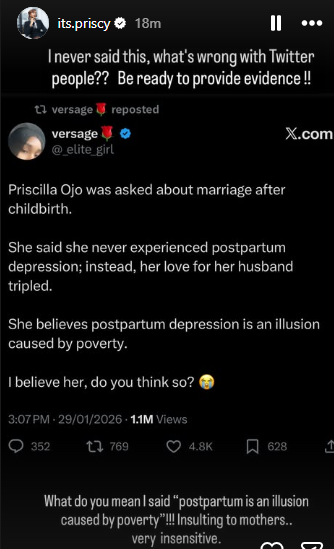 Insensitive and insulting to mothers. Be ready to provide evidence - Priscilla Ojo denies saying "postpartum depression is an illusion caused by poverty"