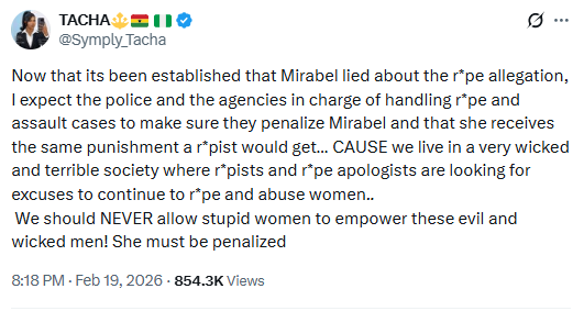 Tacha demands equal punishment for Mirabel as a rapist