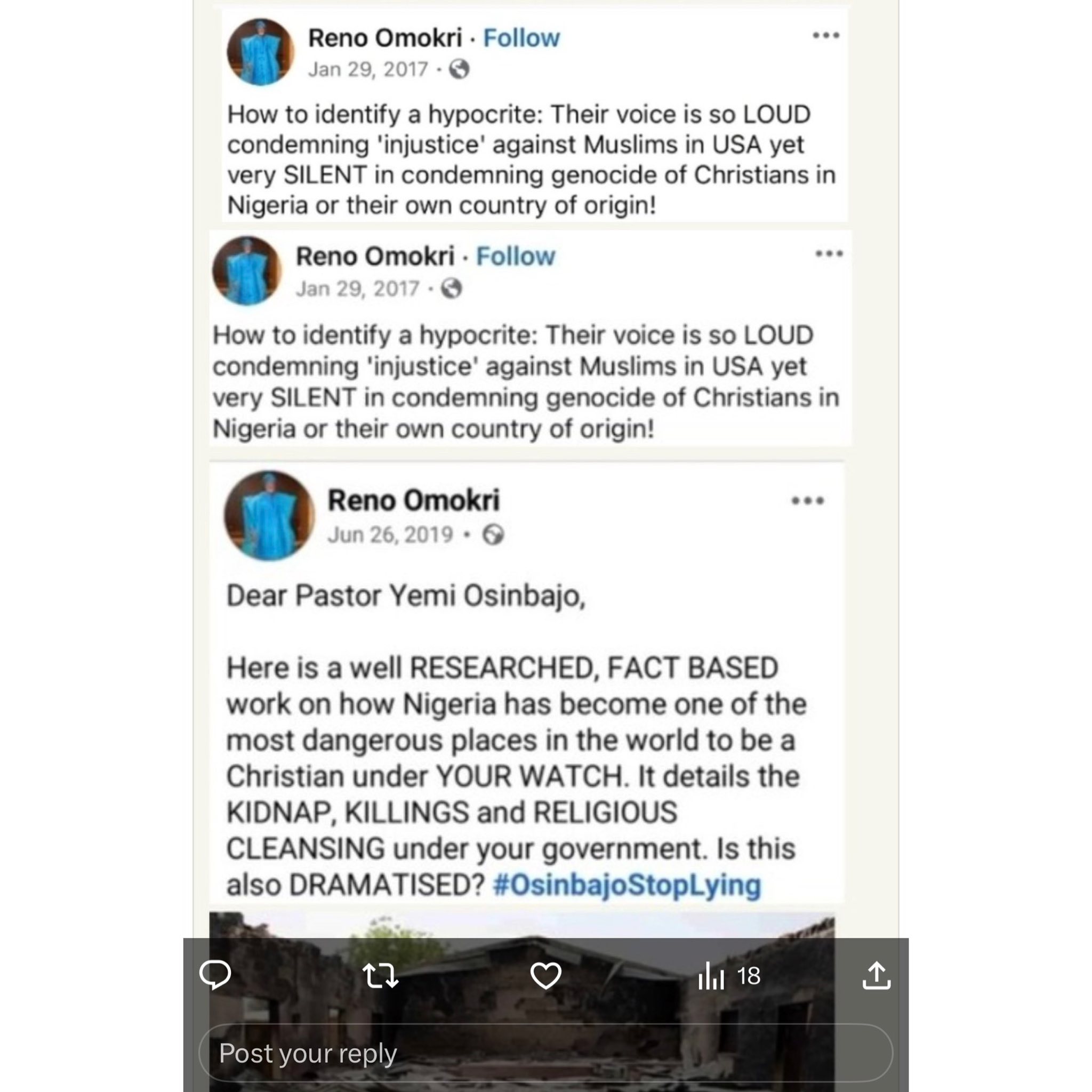 Reno Omokri?s old post on k!lling of Christians in Nigerian surfaces just after Arise TV host Charles Aniagolu called him out for failing in alleged lobbying of US government