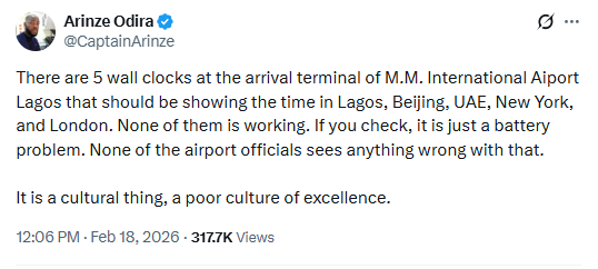 FAAN effects changes after pilot took to X to complain about the wall clocks in Murtala Mohammed International Airport not working