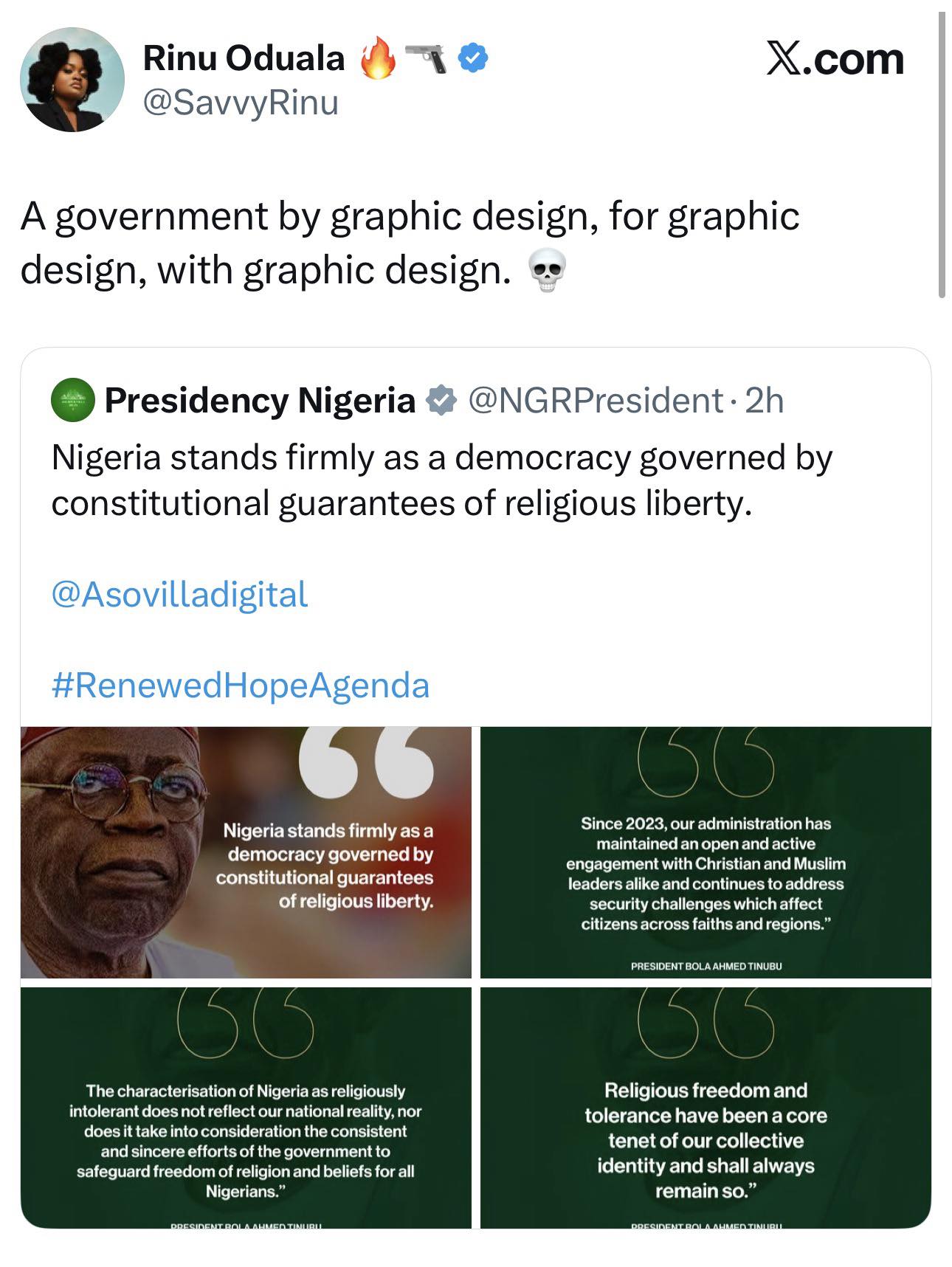 A government by graphic design, for graphic design, with graphic design - Activist Rinu Oduala calls out presidency over claim on religious freedom in Nigeria