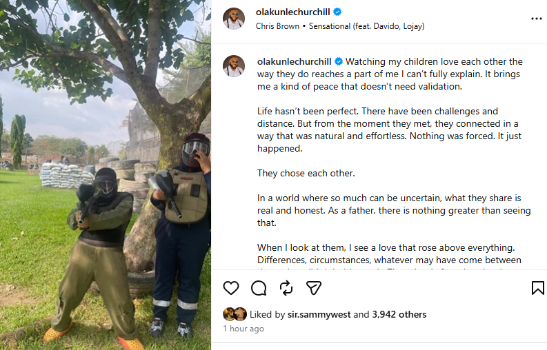 I will always choose my children without hesitation - Olakunle Churchill writes as he shares video of his first daughter and his son with Tonto enjoying sibling time together