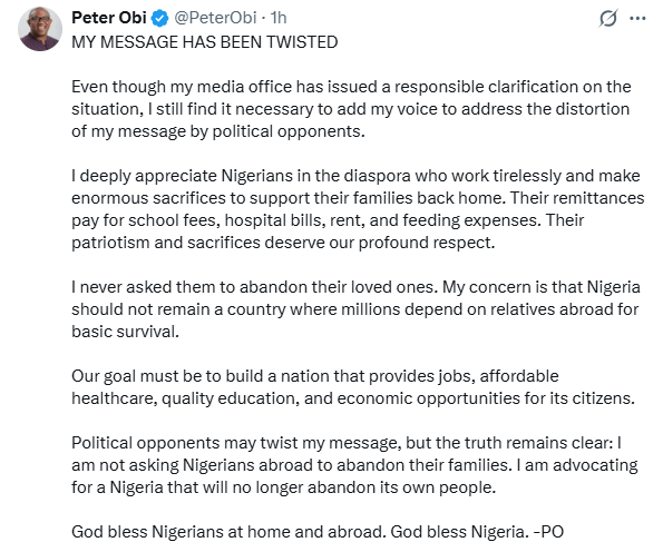 I never asked Nigerians in the diaspora to abandon their loved ones - Peter Obi