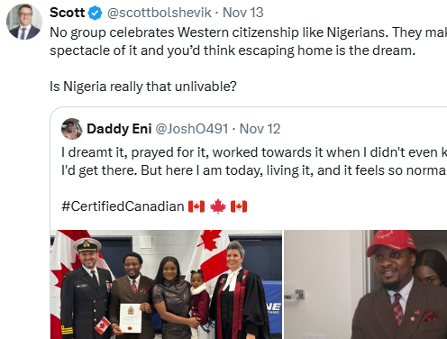 Is Nigeria unlivable?- U.S. citizen mocks Nigerian man celebrating Canadian citizenship