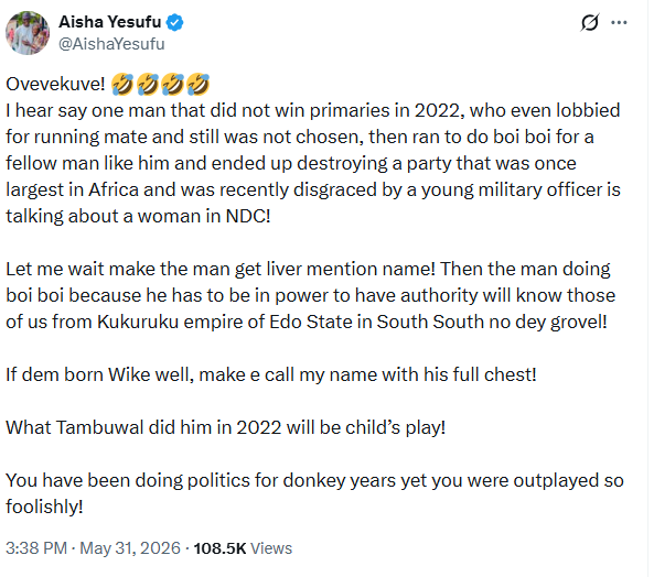 Aisha Yesufu clapsback at Wike for mocking her over her inability to secure NDC senatorial ticket