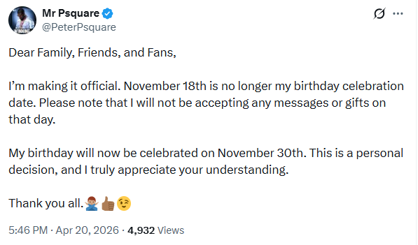 My birthday will now be celebrated on November 30th - Peter Okoye announces seperate birthday from the one shared with his twin brother, Paul Okoye