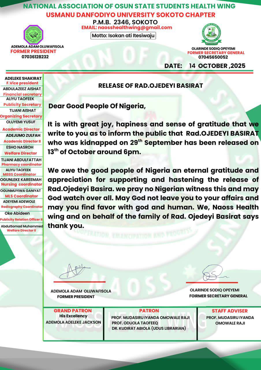 Abducted Sokoto varsity graduate regains freedom after ransom payment