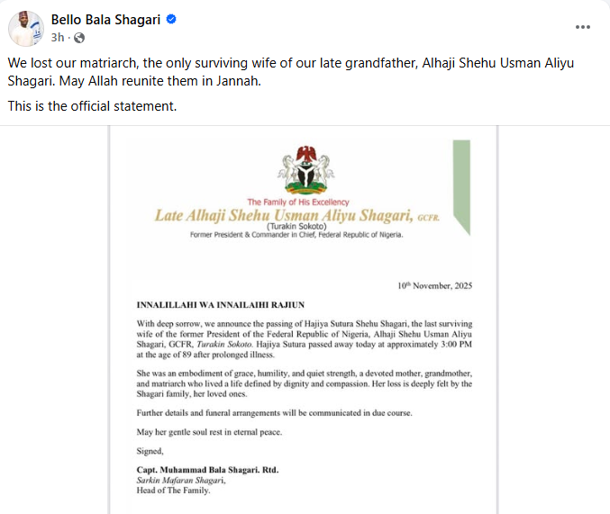 Ex-president Shehu Shagari?s last surviving widow d!es at 89