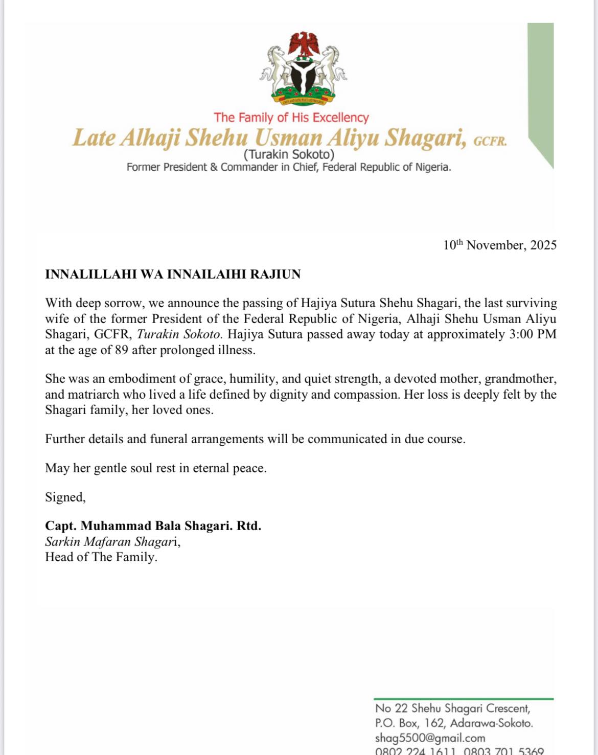 Ex-president Shehu Shagari?s last surviving widow d!es at 89