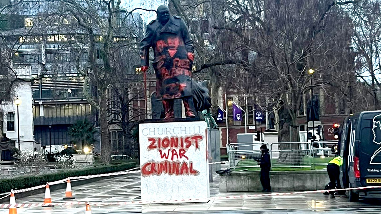 Man, 38, arrested after Winston Churchill statue was defaced with ?Free Palestine? Graffiti