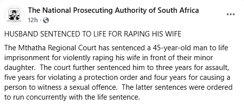 South African court sentences husband to life imprisonment for violently r@ping his wife in front of their minor daughter