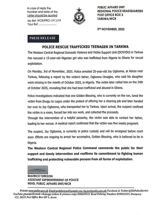 Police rescue 15-year-old Nigerian girl trafficked to Ghana and forced into pr0stitution