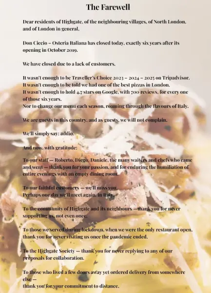 Italian restaurant posts scathing farewell letter after closure