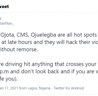 Jibowu, Ojota, CMS, and Ojuelegba are all hot spots in Lagos for robbery at late hours - Man alleges 