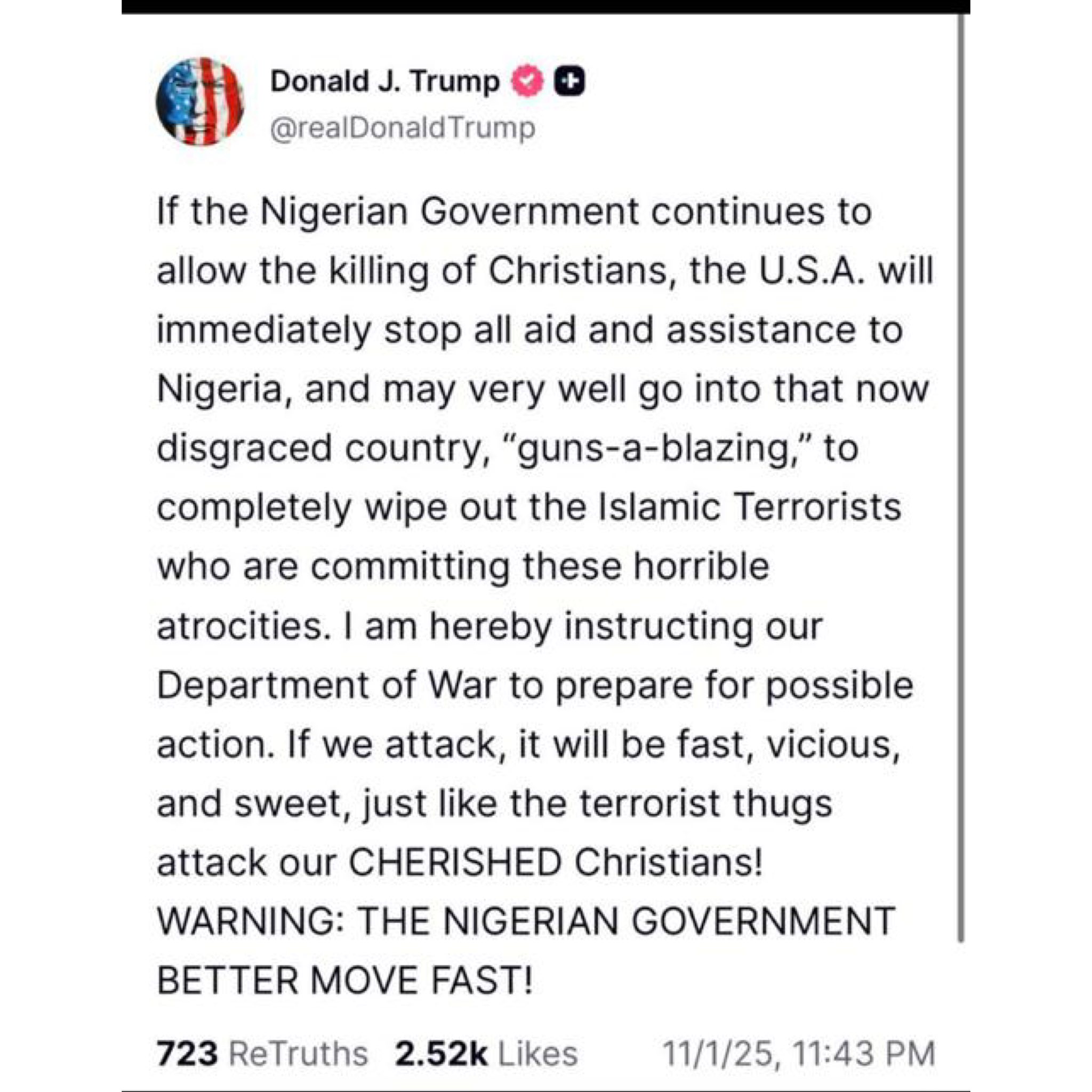 US President Donald Trump threatens military action should k!lling of Christians continue in Nigeria