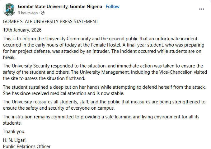 Knife-wielding intruder breaks into Gombe varsity female hostel and attacks final year student
