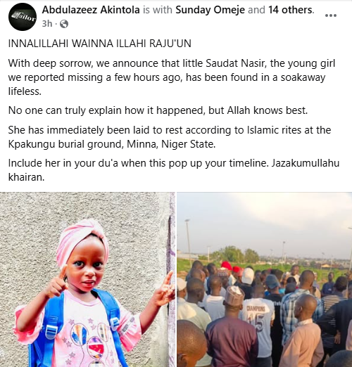 Missing 3-year-old girl found d3ad in soak-away pit in Minna