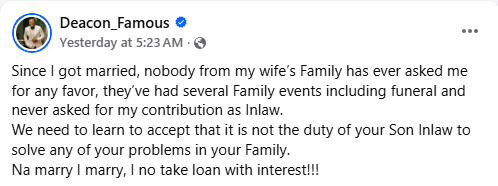 Nobody from my wife?s family has ever asked me for any favor since I got married - Nigerian man says