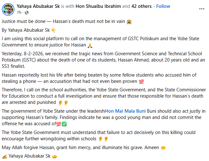 SS3 student d!es in Yobe school after being b3aten by fellow students who accused him of stealing a phone