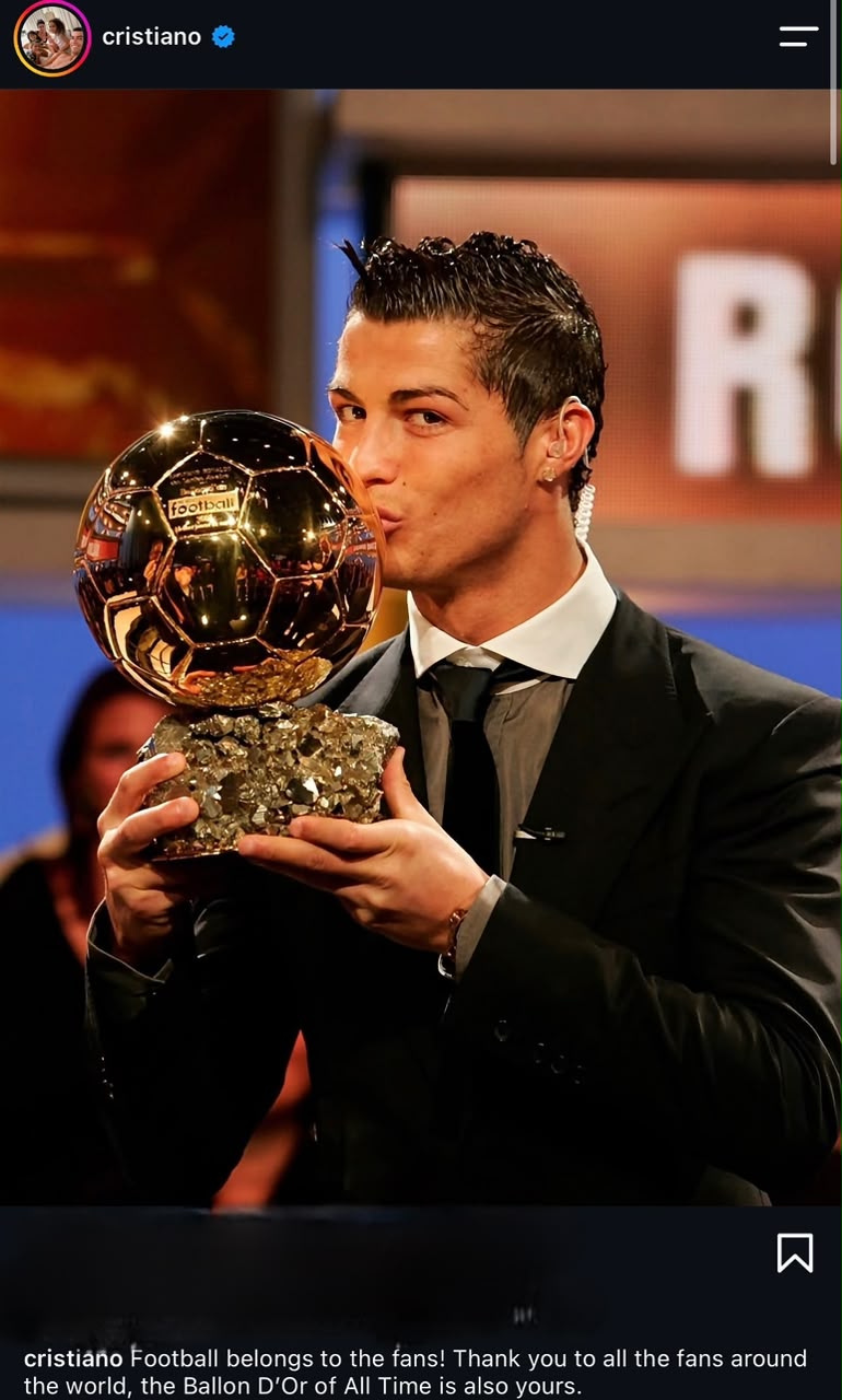 Cristiano Ronaldo thanks fans worldwide after winning Ballon D'Or of All Time